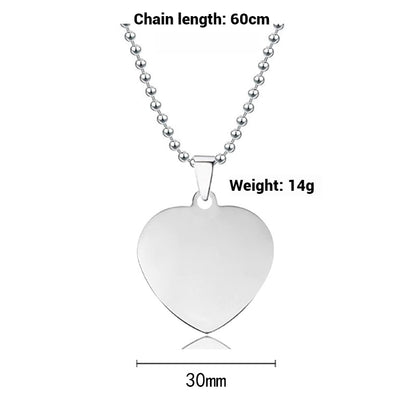 Titanium steel necklace 30mm heart-shaped blank wordless material Holiday gift engraved stainless steel necklace 100 Pcs