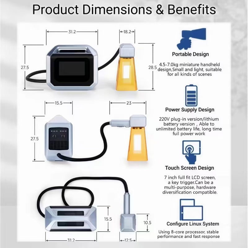 FYID-Feiyide Handheld Fiber Laser Marking Machine 20W/30W/50W Laser Engraving Machine 110V/220V Portable Fiber Marker for all Metal and some non-metal for Individual Shop/Factory/Home. Working area of 100 * 100mm